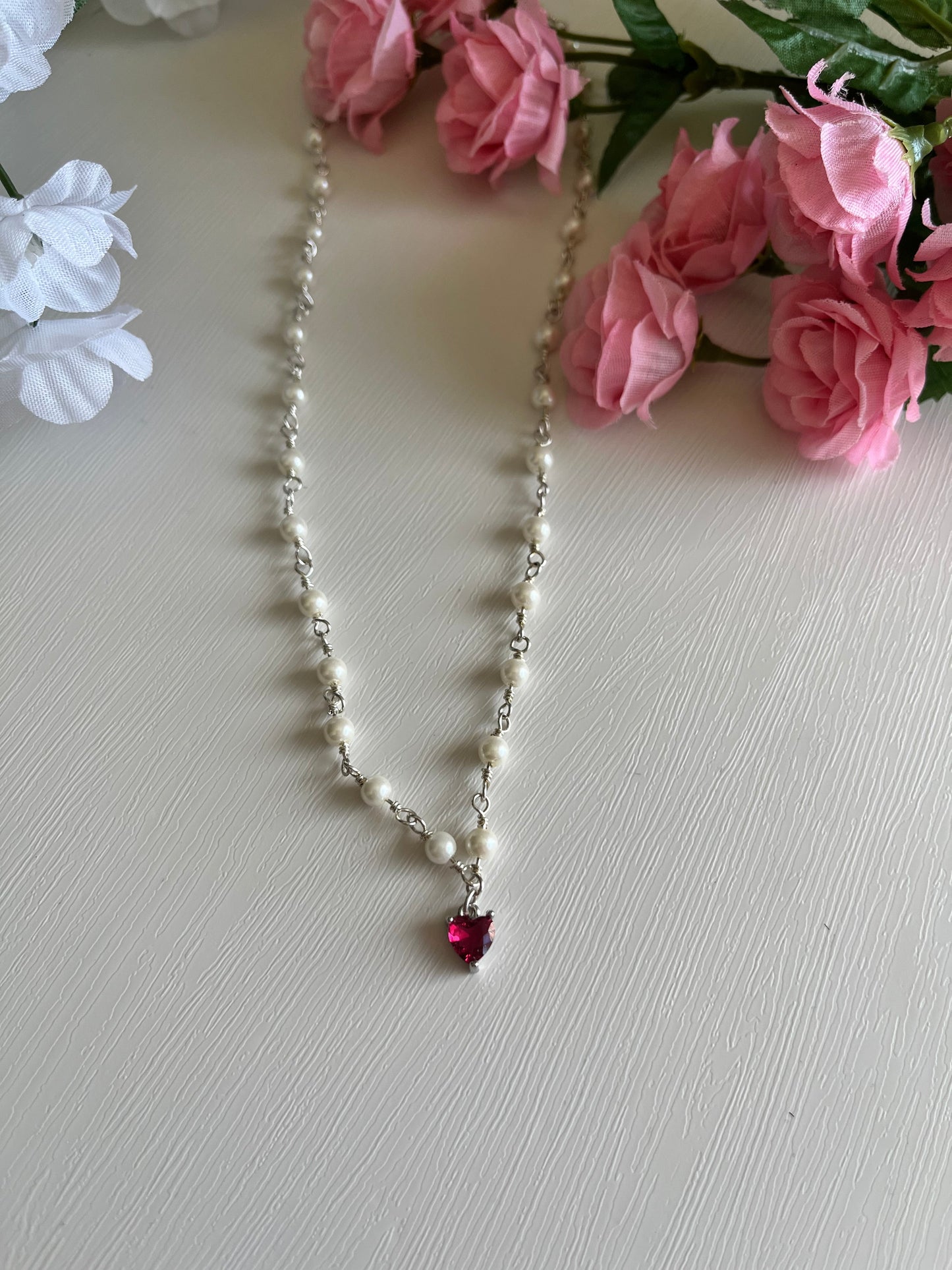 Silver Pearl Heart Necklace Handmade Christian Jewelry