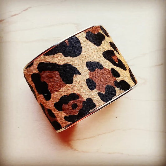 Wide Bangle Bracelet in Leopard Hair on Hide