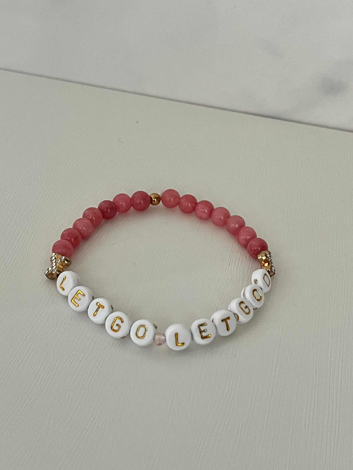 Let Go Let God Bracelet - Pink Marbled Beads & Gold Crosses