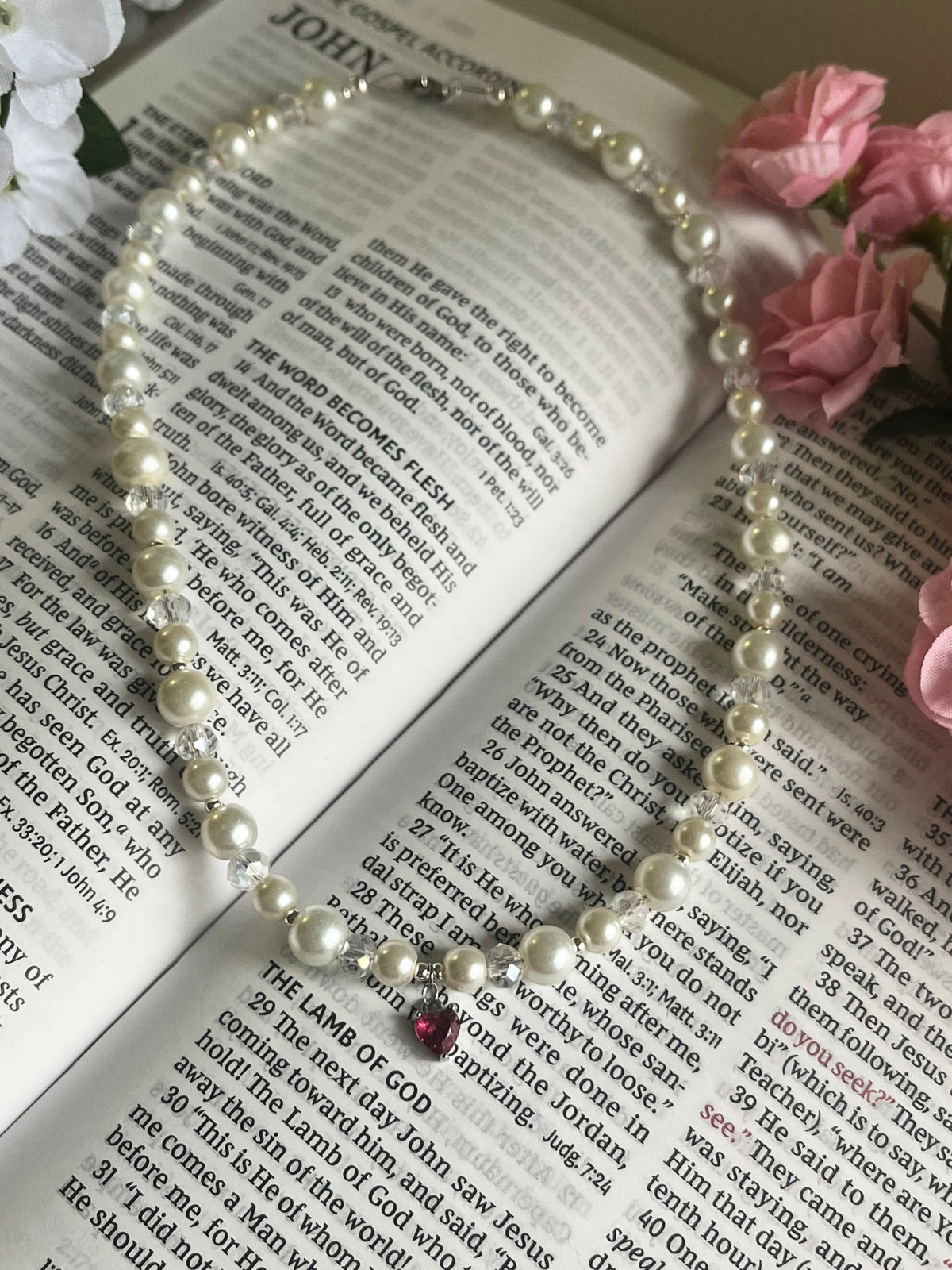 Silver Necklace Heart Pendant Glass & Pearl