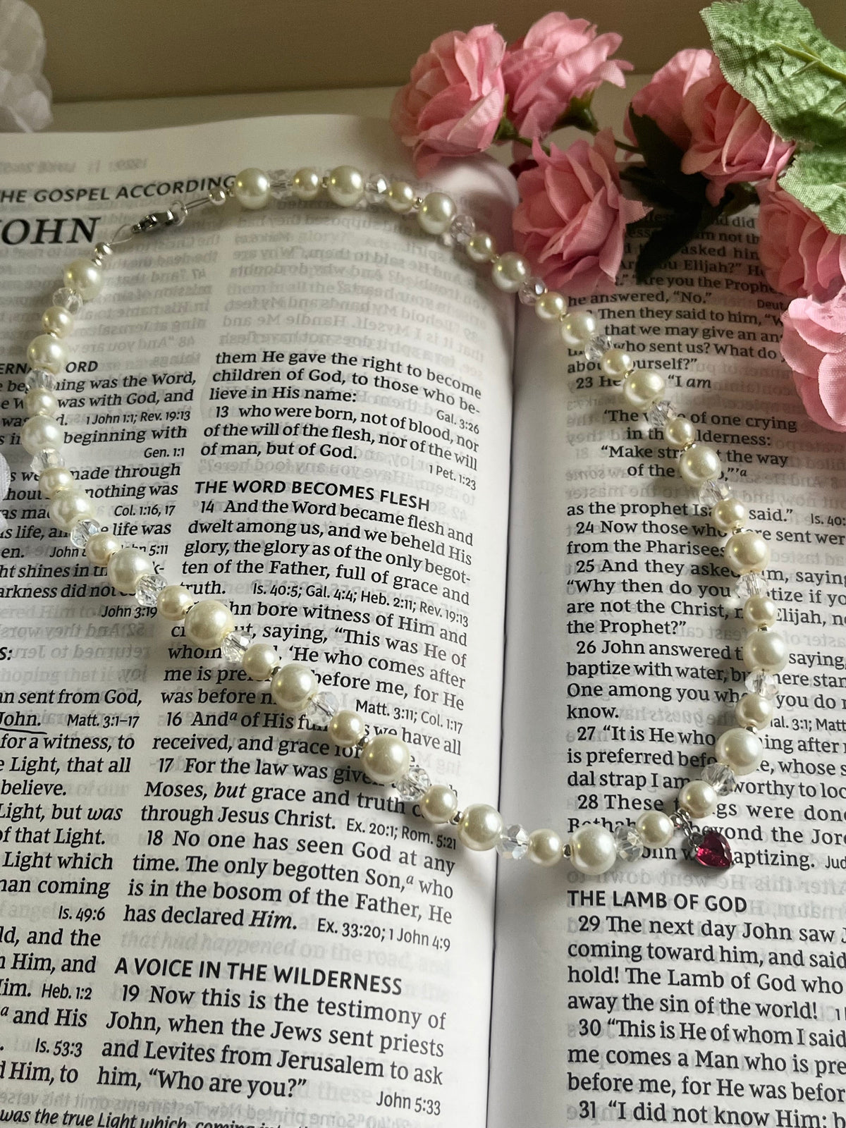 Silver Necklace Heart Pendant Glass & Pearl