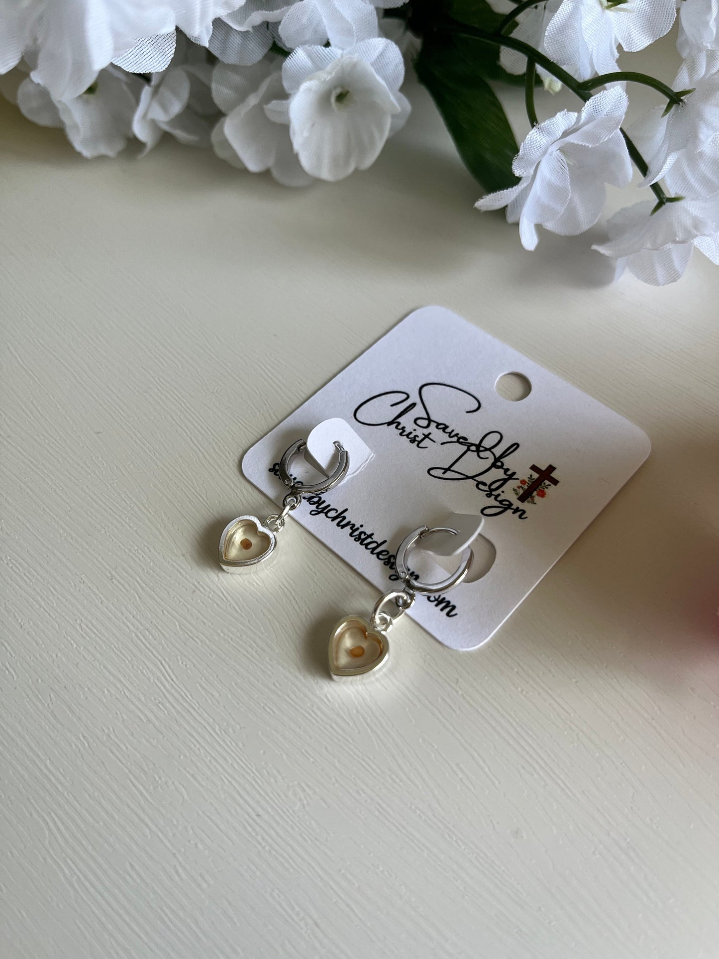 Heart Mustard Seed Huggie Earrings